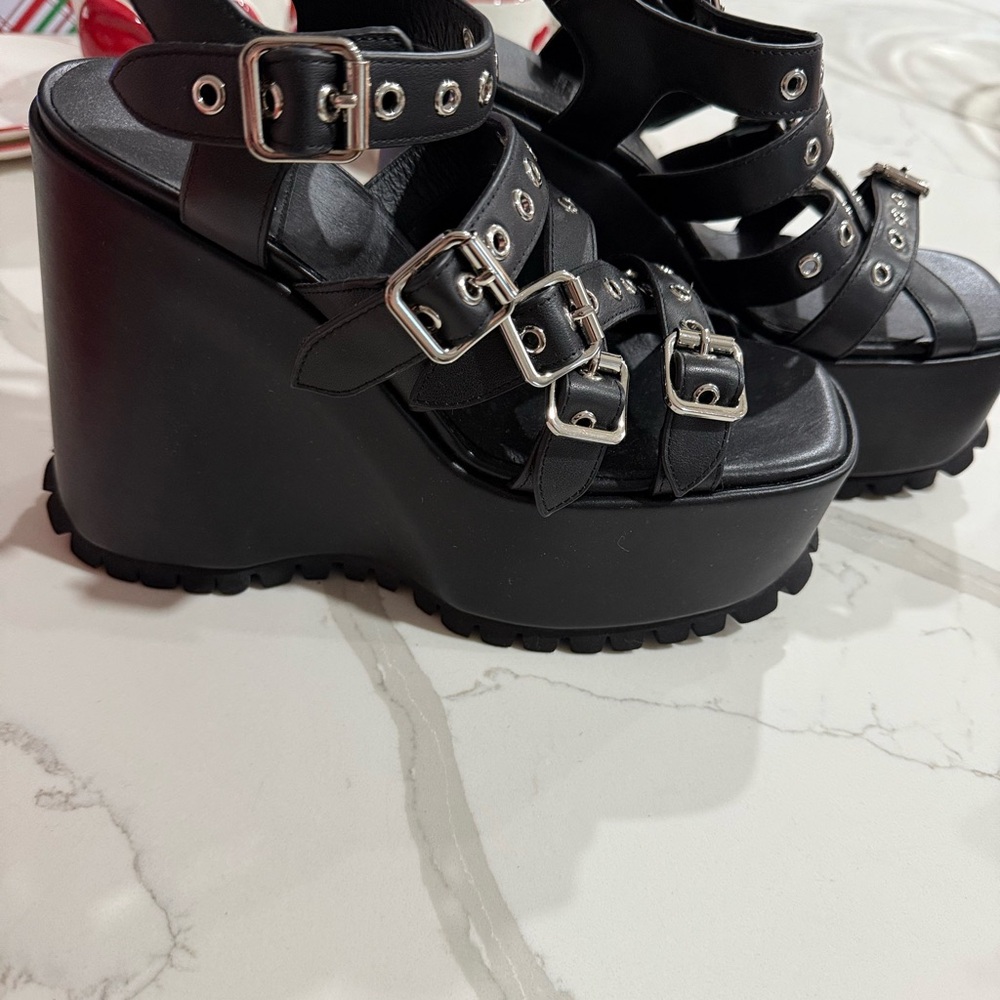 Jeffrey Campbell Black Multi-Buckle Wedges